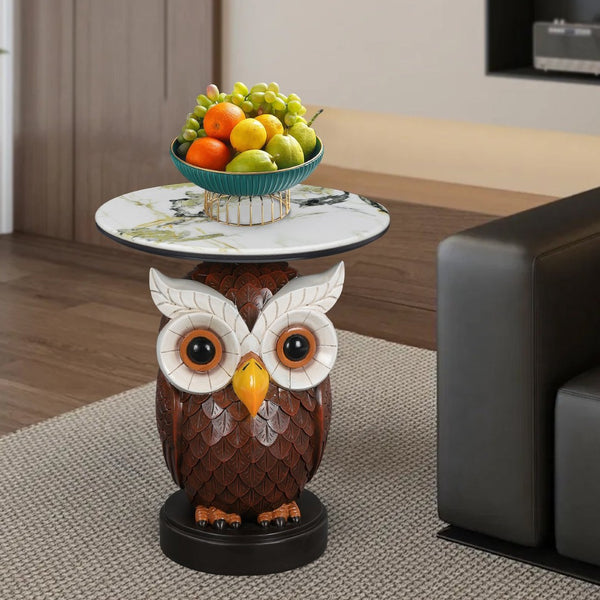 English Elm Owl Sculptural Resin End Table with Faux Marble Top for Living Room Decor W5398P454675