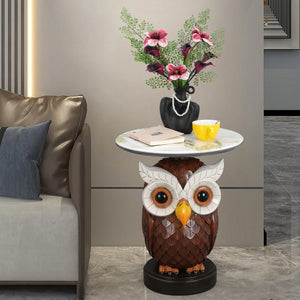 English Elm Owl Sculptural Resin End Table with Faux Marble Top for Living Room Decor W5398P454675