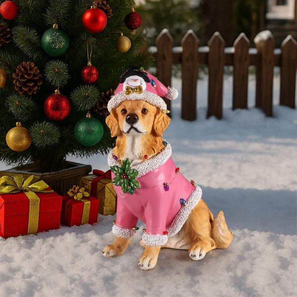 English Elm Holiday Golden Retriever Santa Hat Sculpture Weather Resistant Outdoor Festive Yard Accent Brown W5398P459592