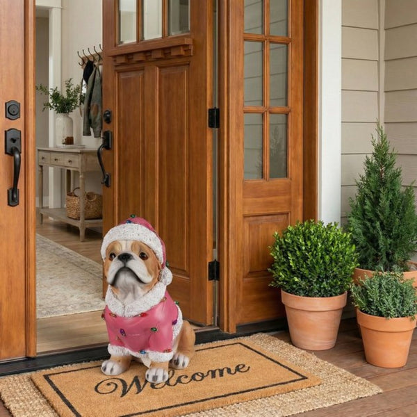 English Elm Holiday Golden Retriever Santa Hat Statue Hand-painted Weather-resistant Yard Decor Brown W5398P459595
