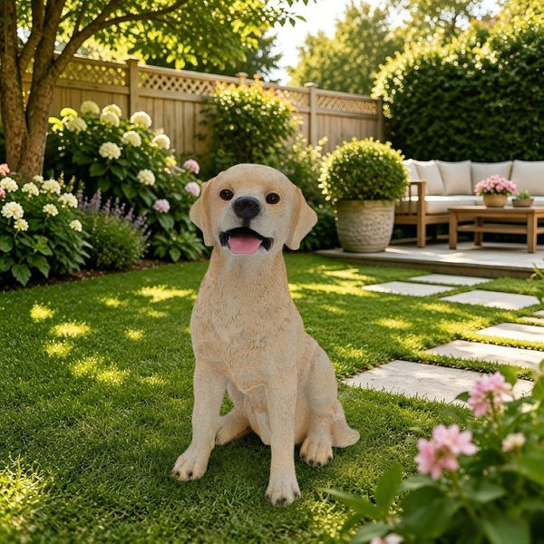 English Elm Yellow Labrador Seated Garden Statue Lifelike Sculpted Puppy Porch Lawn Accent W5398P464634