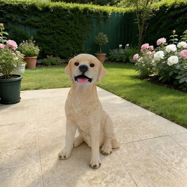 English Elm Yellow Labrador Seated Garden Statue Lifelike Sculpted Puppy Porch Lawn Accent W5398P464634