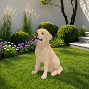 English Elm Yellow Labrador Seated Garden Statue Lifelike Sculpted Puppy Porch Lawn Accent W5398P464634