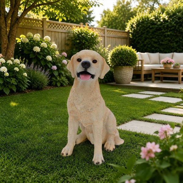 English Elm Yellow Labrador Seated Garden Statue Lifelike Sculpted Puppy Porch Lawn Accent W5398P464634