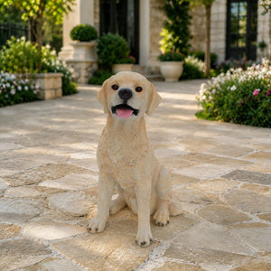 English Elm Yellow Labrador Seated Garden Statue Lifelike Sculpted Puppy Porch Lawn Accent W5398P464634
