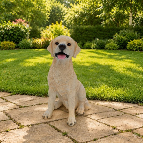 English Elm Yellow Labrador Seated Garden Statue Lifelike Sculpted Puppy Porch Lawn Accent W5398P464634