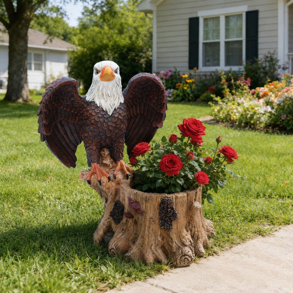 English Elm Majestic Eagle Polyresin Garden Planter Wildlife Sculpture on Rustic Tree Stump Base W5398P487662