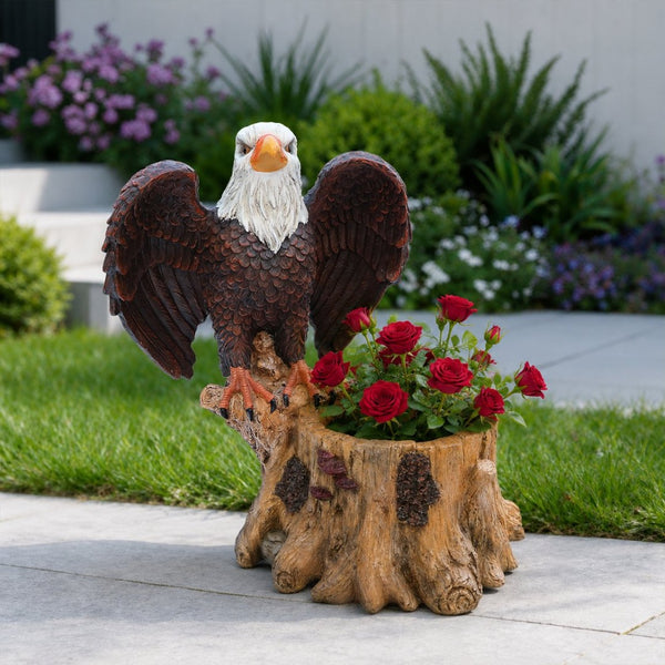 English Elm Majestic Eagle Polyresin Garden Planter Wildlife Sculpture on Rustic Tree Stump Base W5398P487662