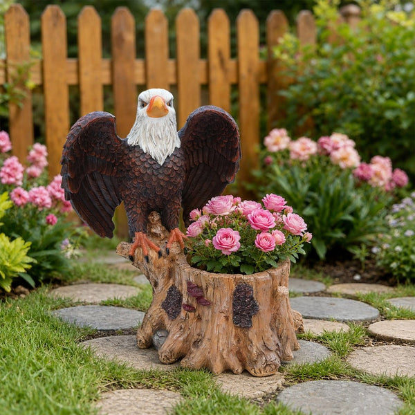 English Elm Majestic Eagle Polyresin Garden Planter Wildlife Sculpture on Rustic Tree Stump Base W5398P487662