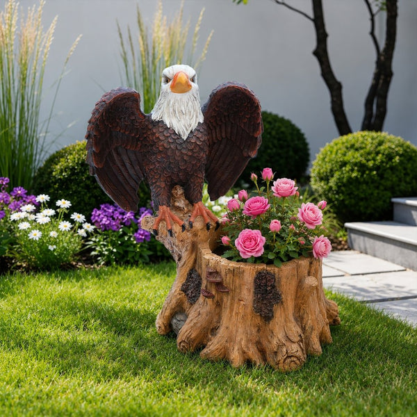 English Elm Majestic Eagle Polyresin Garden Planter Wildlife Sculpture on Rustic Tree Stump Base W5398P487662