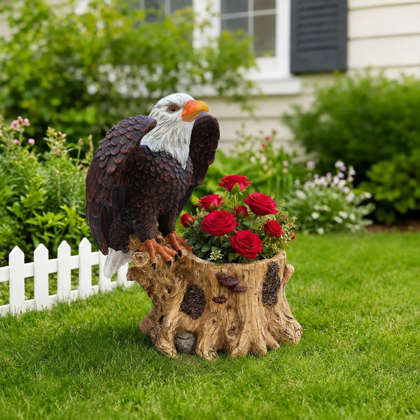 English Elm Majestic Eagle Polyresin Garden Planter Wildlife Sculpture on Rustic Tree Stump Base W5398P487662
