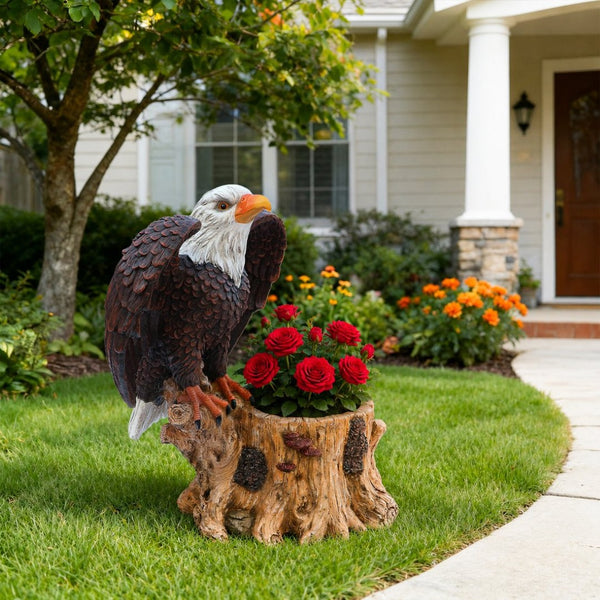 English Elm Majestic Eagle Polyresin Garden Planter Wildlife Sculpture on Rustic Tree Stump Base W5398P487662