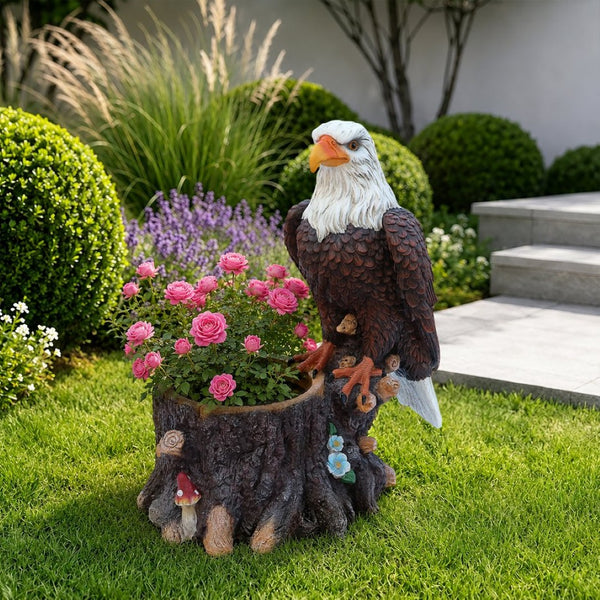 English Elm Realistic Eagle Perched on Stump Polyresin Garden Planter for Rustic Outdoor Lawn W5398P487663