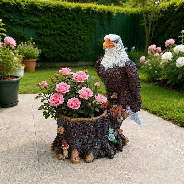 English Elm Realistic Eagle Perched on Stump Polyresin Garden Planter for Rustic Outdoor Lawn W5398P487663