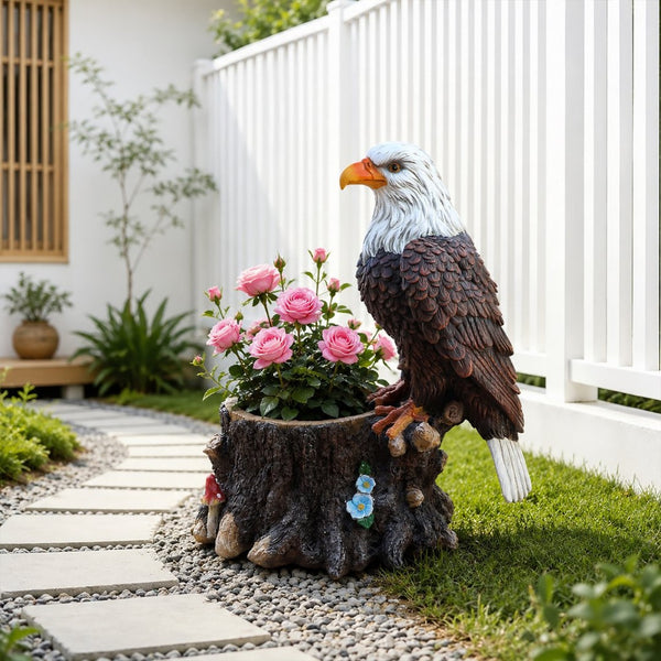 English Elm Realistic Eagle Perched on Stump Polyresin Garden Planter for Rustic Outdoor Lawn W5398P487663