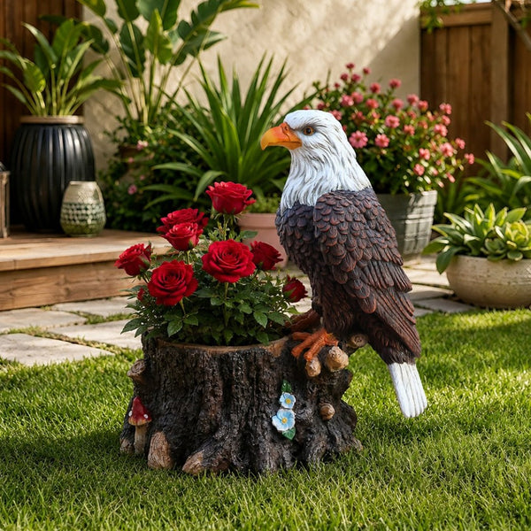 English Elm Realistic Eagle Perched on Stump Polyresin Garden Planter for Rustic Outdoor Lawn W5398P487663