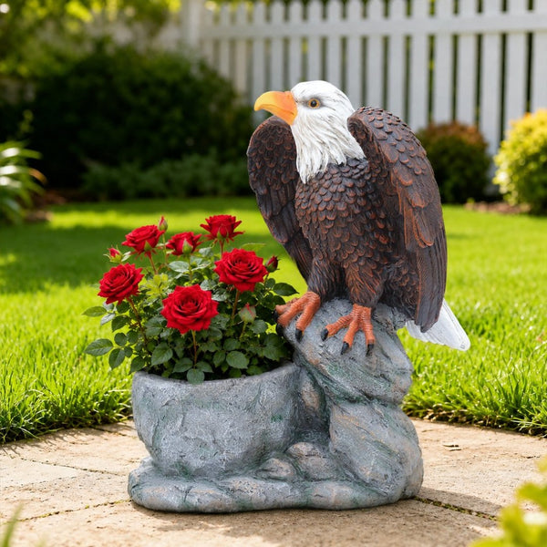 English Elm Standing Eagle Sculpture Planter Faux Stone Wildlife Accent for Garden or Entryway W5398P487664