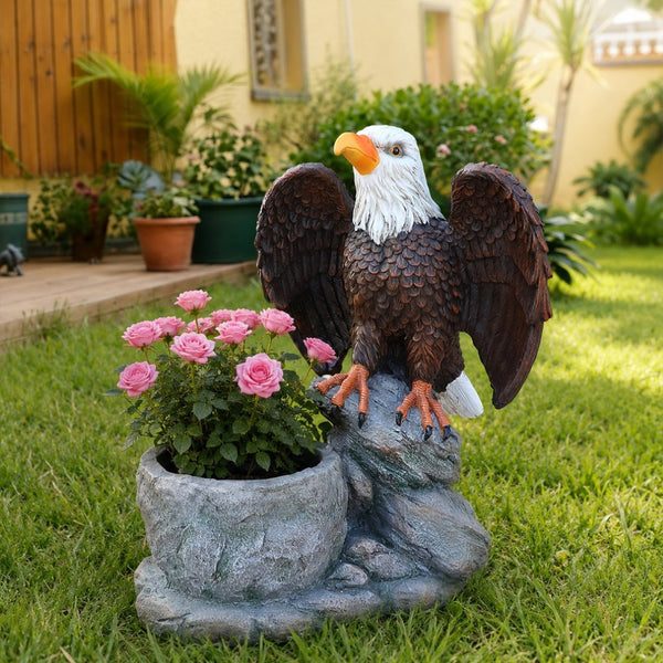 English Elm Standing Eagle Sculpture Planter Faux Stone Wildlife Accent for Garden or Entryway W5398P487664