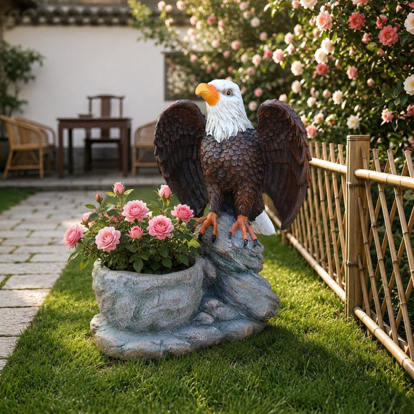 English Elm Standing Eagle Sculpture Planter Faux Stone Wildlife Accent for Garden or Entryway W5398P487664