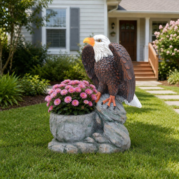 English Elm Standing Eagle Sculpture Planter Faux Stone Wildlife Accent for Garden or Entryway W5398P487664