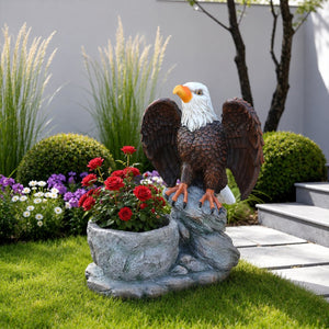 English Elm Standing Eagle Sculpture Planter Faux Stone Wildlife Accent for Garden or Entryway W5398P487664