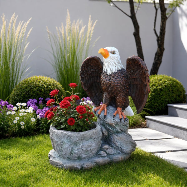 English Elm Standing Eagle Sculpture Planter Faux Stone Wildlife Accent for Garden or Entryway W5398P487664