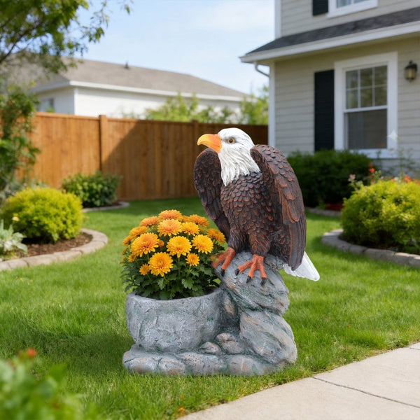 English Elm Standing Eagle Sculpture Planter Faux Stone Wildlife Accent for Garden or Entryway W5398P487664