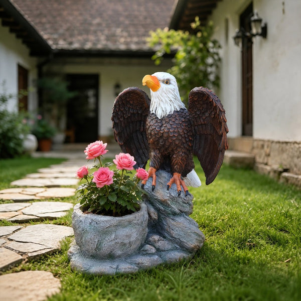 English Elm Standing Eagle Sculpture Planter Faux Stone Wildlife Accent for Garden or Entryway W5398P487664