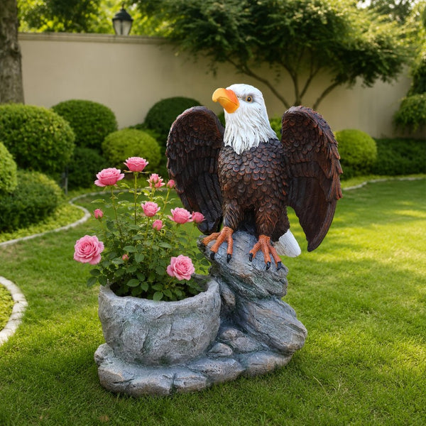 English Elm Standing Eagle Sculpture Planter Faux Stone Wildlife Accent for Garden or Entryway W5398P487664