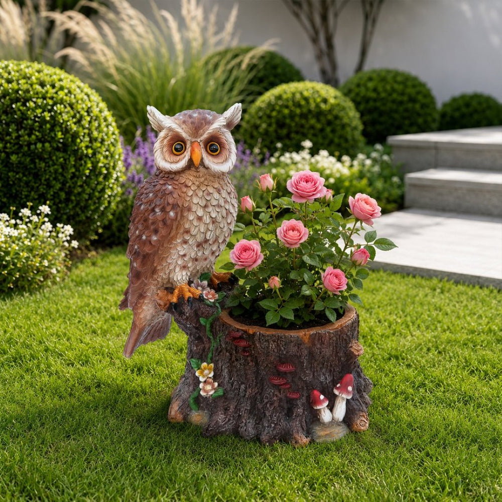 English Elm Sitting Owl Polyresin Sculpture with Hollow Tree Trunk Planter for Patio or Porch W5398P487666