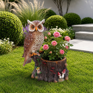 English Elm Sitting Owl Polyresin Sculpture with Hollow Tree Trunk Planter for Patio or Porch W5398P487666