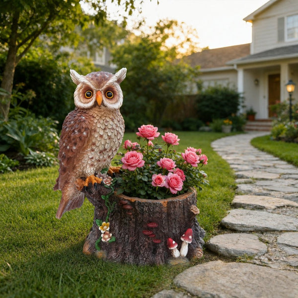 English Elm Sitting Owl Polyresin Sculpture with Hollow Tree Trunk Planter for Patio or Porch W5398P487666