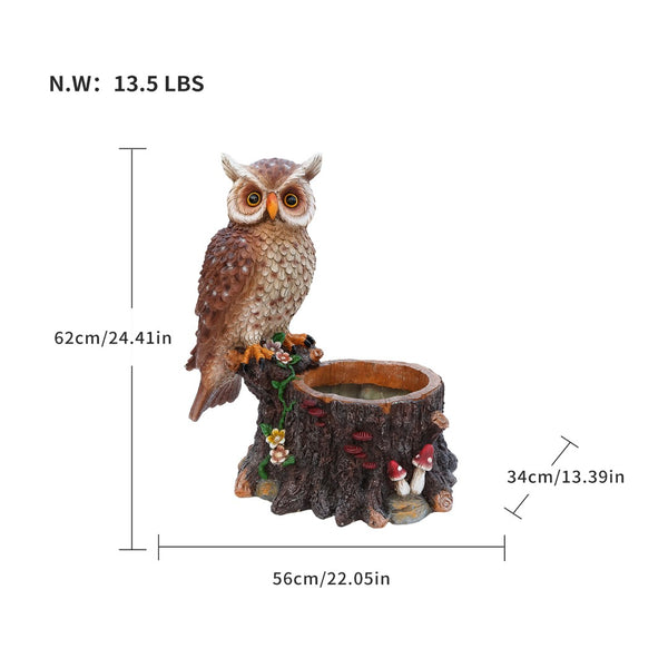 English Elm Sitting Owl Polyresin Sculpture with Hollow Tree Trunk Planter for Patio or Porch W5398P487666