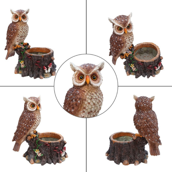 English Elm Sitting Owl Polyresin Sculpture with Hollow Tree Trunk Planter for Patio or Porch W5398P487666