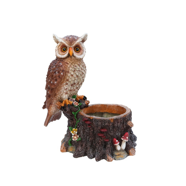 English Elm Sitting Owl Polyresin Sculpture with Hollow Tree Trunk Planter for Patio or Porch W5398P487666