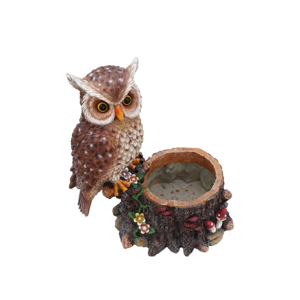 English Elm Sitting Owl Polyresin Sculpture with Hollow Tree Trunk Planter for Patio or Porch W5398P487666