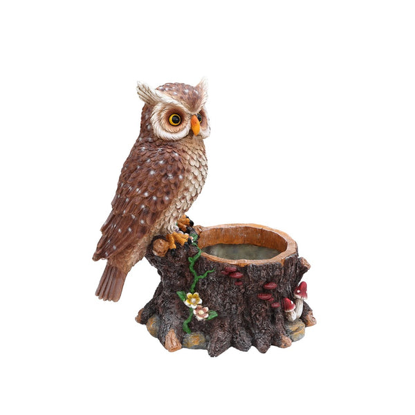 English Elm Sitting Owl Polyresin Sculpture with Hollow Tree Trunk Planter for Patio or Porch W5398P487666