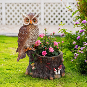 English Elm Sitting Owl Polyresin Sculpture with Hollow Tree Trunk Planter for Patio or Porch W5398P487666