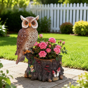 English Elm Sitting Owl Polyresin Sculpture with Hollow Tree Trunk Planter for Patio or Porch W5398P487666