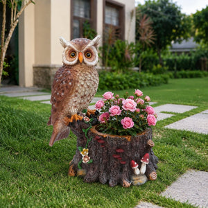 English Elm Sitting Owl Polyresin Sculpture with Hollow Tree Trunk Planter for Patio or Porch W5398P487666