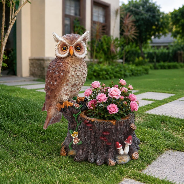 English Elm Sitting Owl Polyresin Sculpture with Hollow Tree Trunk Planter for Patio or Porch W5398P487666