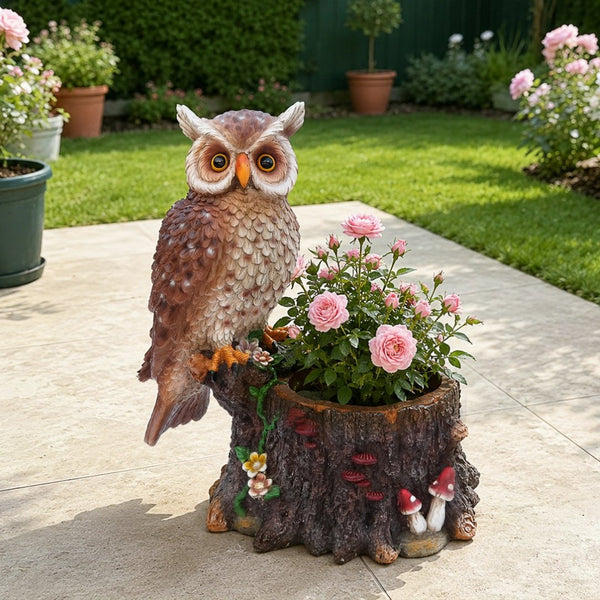 English Elm Sitting Owl Polyresin Sculpture with Hollow Tree Trunk Planter for Patio or Porch W5398P487666
