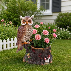 English Elm Sitting Owl Polyresin Sculpture with Hollow Tree Trunk Planter for Patio or Porch W5398P487666