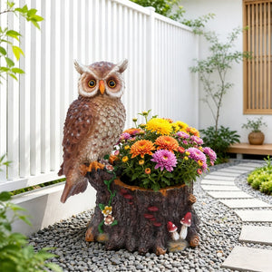 English Elm Sitting Owl Polyresin Sculpture with Hollow Tree Trunk Planter for Patio or Porch W5398P487666