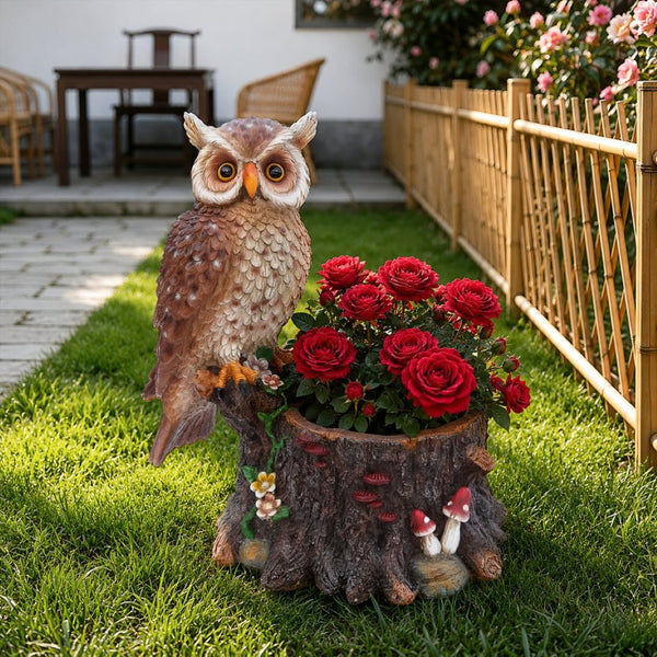 English Elm Sitting Owl Polyresin Sculpture with Hollow Tree Trunk Planter for Patio or Porch W5398P487666