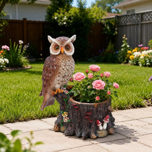 English Elm Sitting Owl Polyresin Sculpture with Hollow Tree Trunk Planter for Patio or Porch W5398P487666