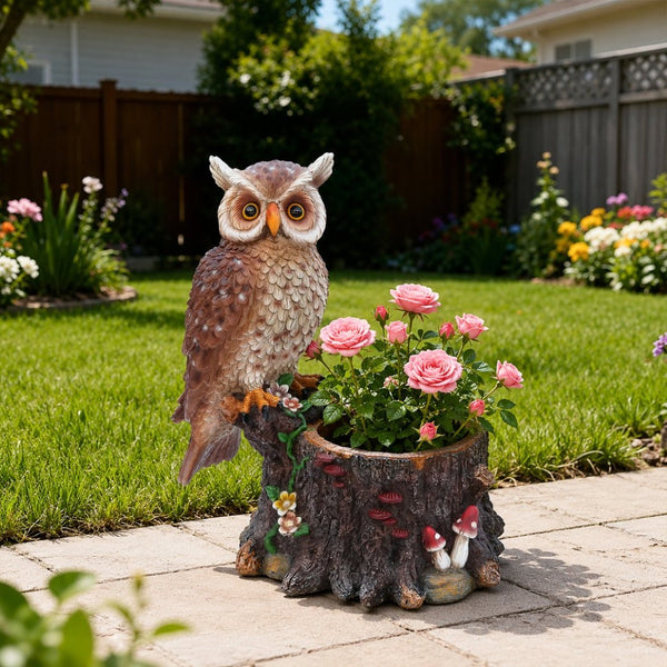 English Elm Sitting Owl Polyresin Sculpture with Hollow Tree Trunk Planter for Patio or Porch W5398P487666
