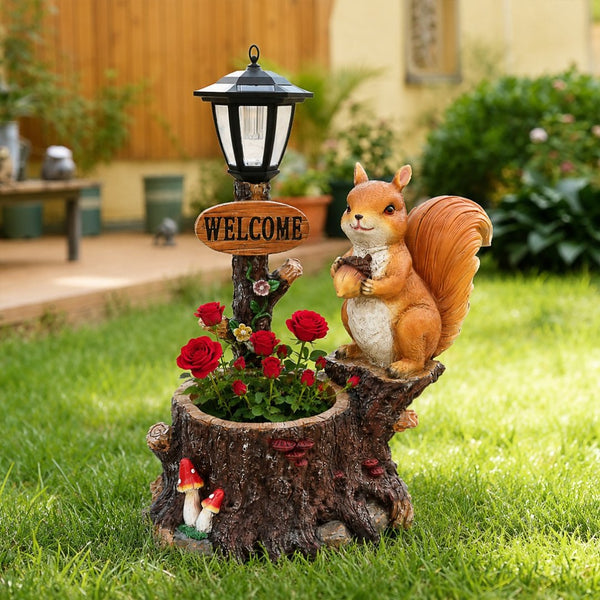 English Elm Cute Squirrel Polyresin Garden Planter with Vintage Lantern Whimsical Patio Accent W5398P487667
