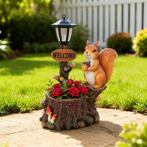 English Elm Cute Squirrel Polyresin Garden Planter with Vintage Lantern Whimsical Patio Accent W5398P487667