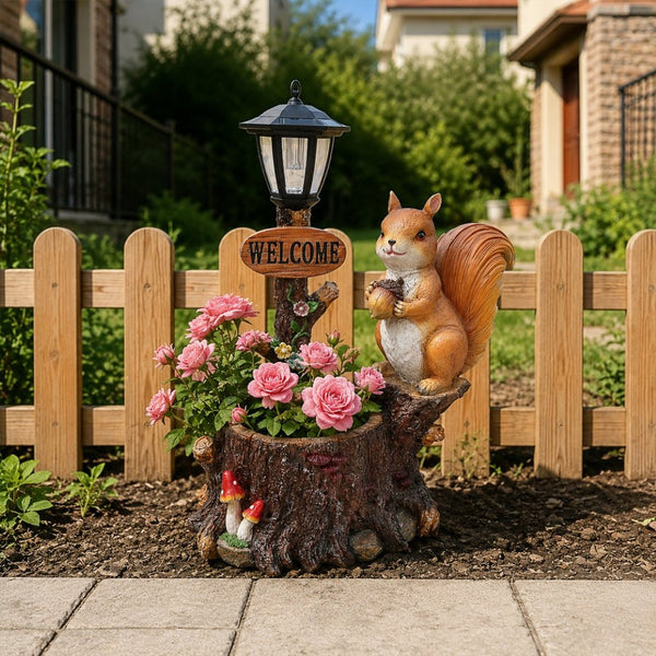 English Elm Cute Squirrel Polyresin Garden Planter with Vintage Lantern Whimsical Patio Accent W5398P487667